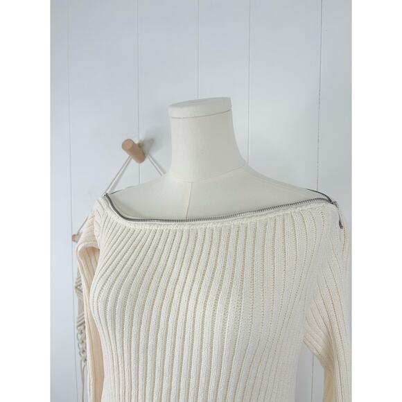 Zara Ribbed Off Shoulder Zip Sweater Size Medium White Ivory - Picture 4 of 10